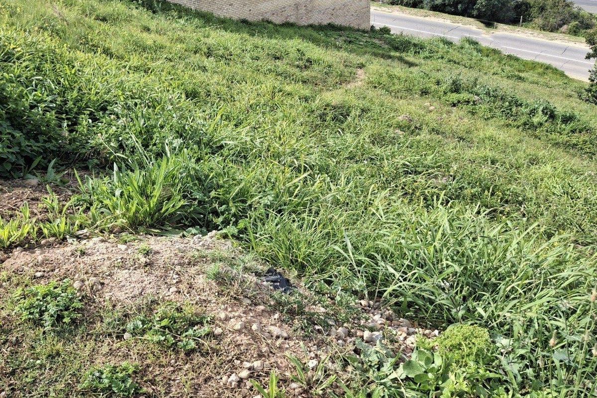 A view of a sloped, undeveloped residential plot featuring natural grass cover and a partial retaining wall near the street boundary.
