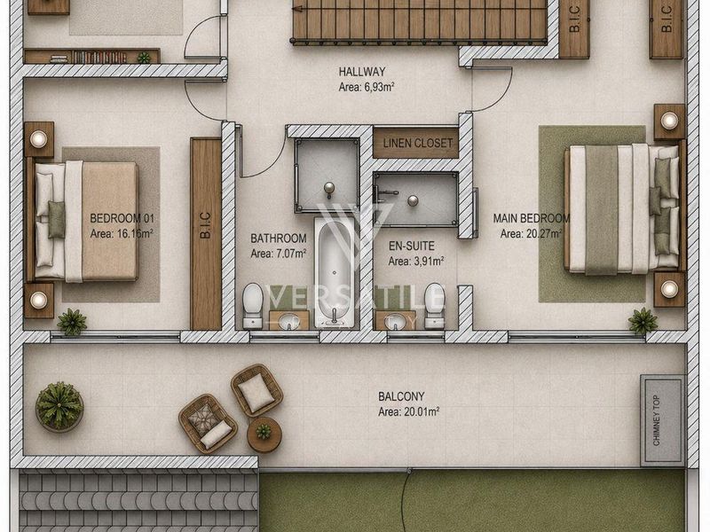 A detailed architectural floor plan showing a two-bedroom apartment layout with an office, two bathrooms, a spacious balcony, and a backyard area.