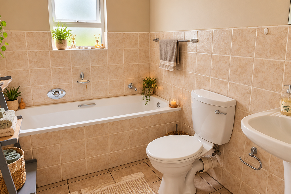 A well-maintained bathroom featuring a built-in bathtub, pedestal washbasin, and neutral ceramic wall tiling, offering a clean and functional space.
