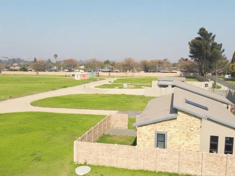Aerial view of a residential development featuring vacant land plots, paved access roads, and established brick-walled homes with solar water heating systems.