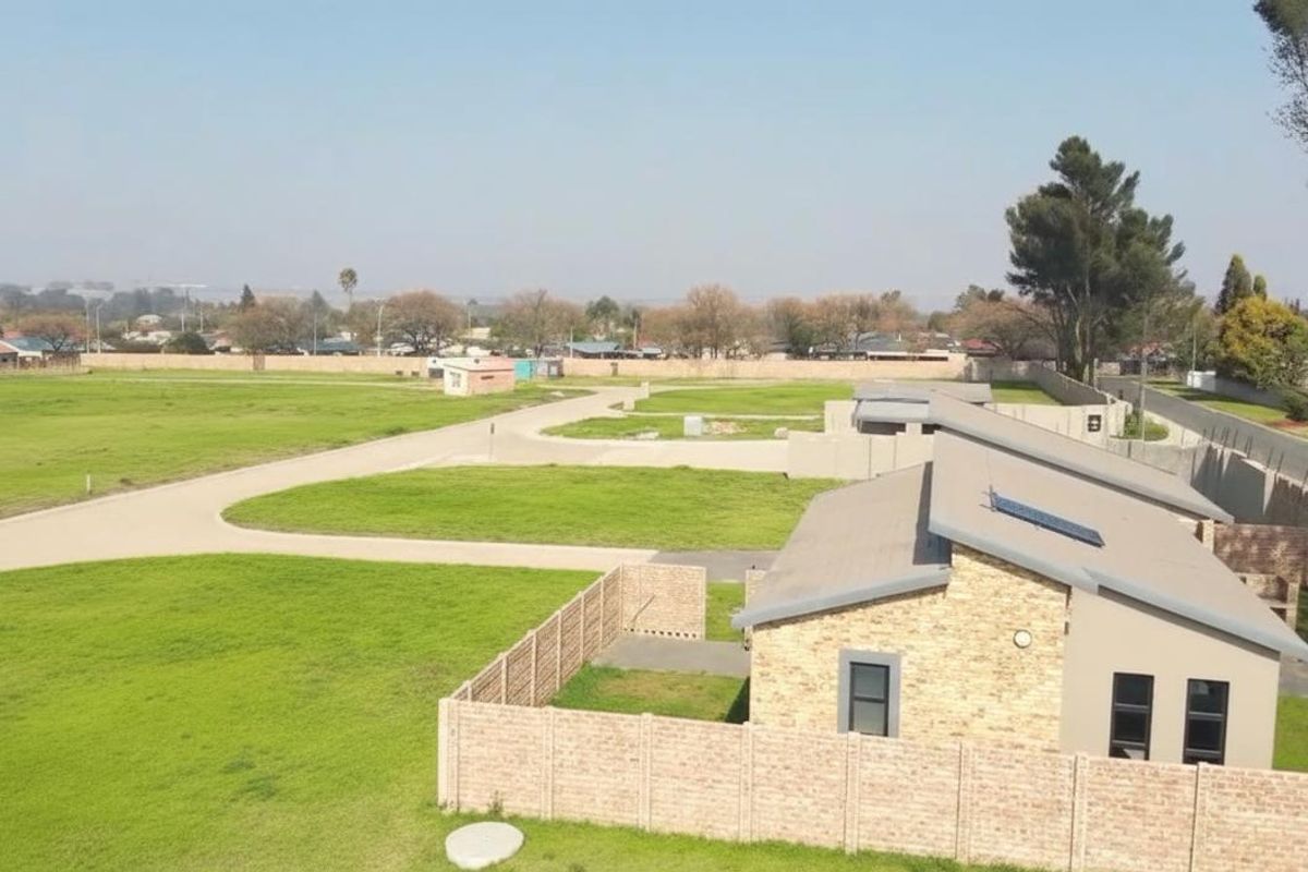 Aerial view of a residential development featuring vacant land plots, paved access roads, and established brick-walled homes with solar water heating systems.