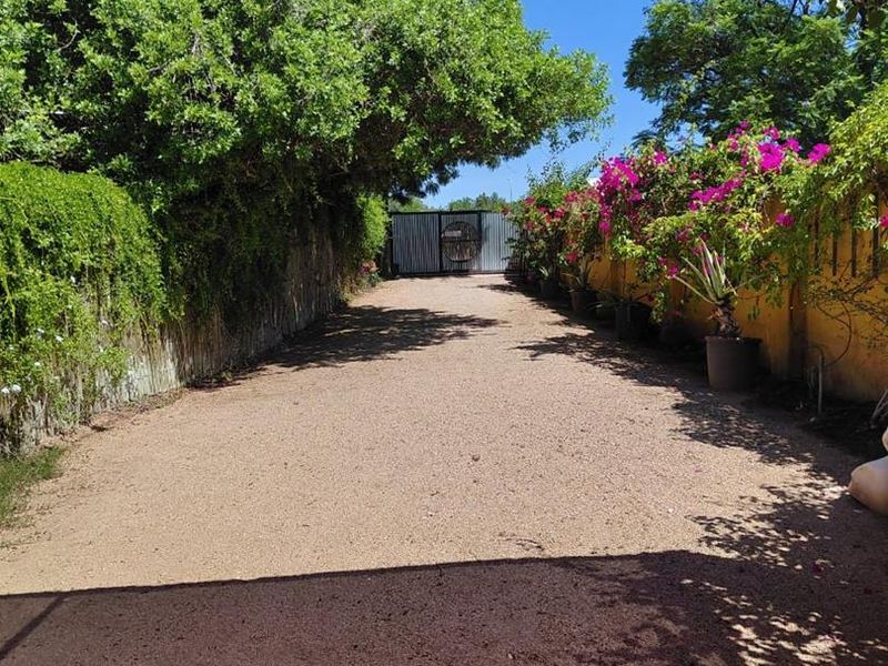 A private rear driveway featuring a gravel surface, enclosed by boundary walls with mature landscaping and a secure metal gate.