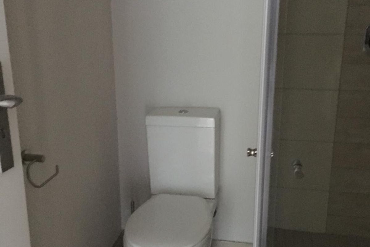 A functional bathroom featuring a standard toilet and a separate shower enclosure with tiled walls.