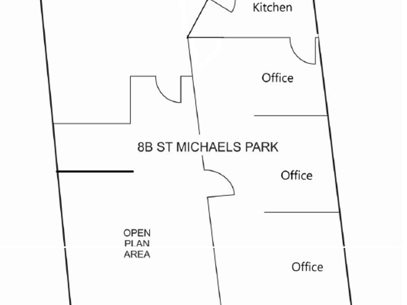 A floor plan diagram for Unit 8B, showing the layout of the kitchen, offices, open plan area, and reception area.