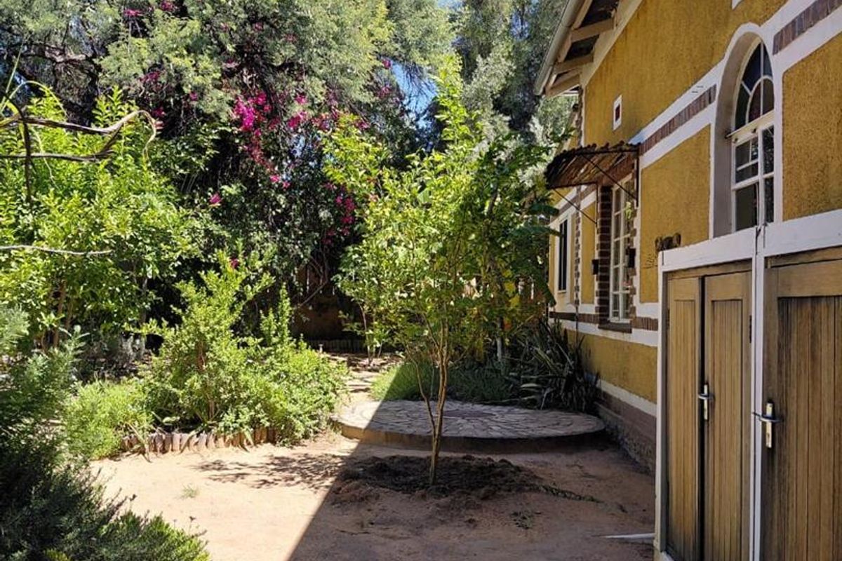 A rear garden area featuring a textured exterior wall, arched window, timber doors, and a small stone paved section surrounded by mature trees.