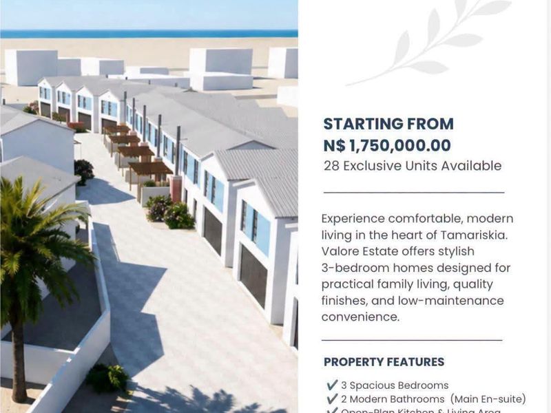 Marketing brochure featuring an architectural rendering of the Valore Estate townhouse development in Tamariskia, Swakopmund.