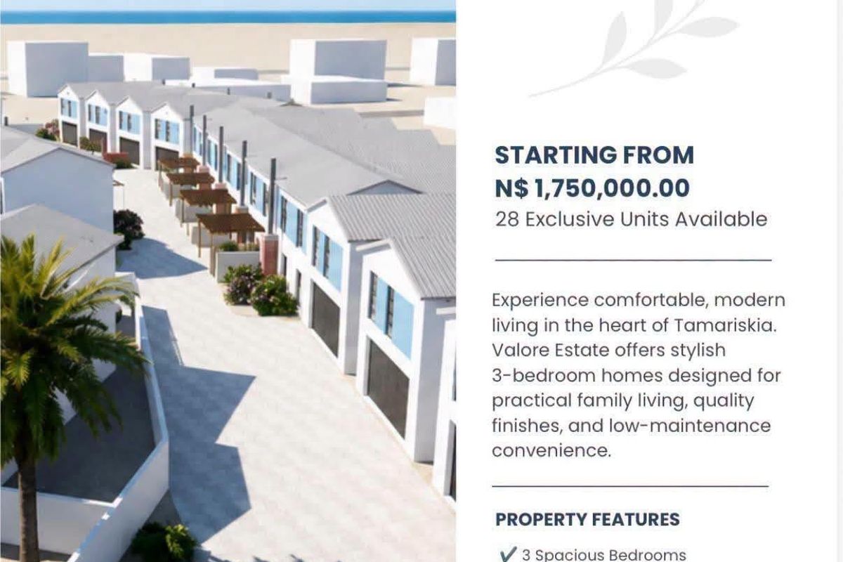 Marketing brochure featuring an architectural rendering of the Valore Estate townhouse development in Tamariskia, Swakopmund.