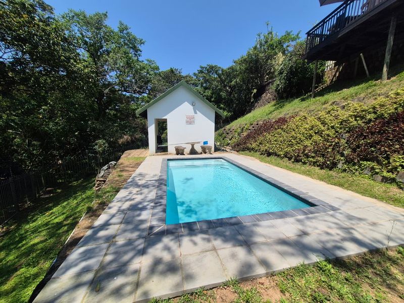 Outdoor pool area featuring a rectangular swimming pool with paved surround, adjacent pump house, and landscaped garden setting with retaining walls.