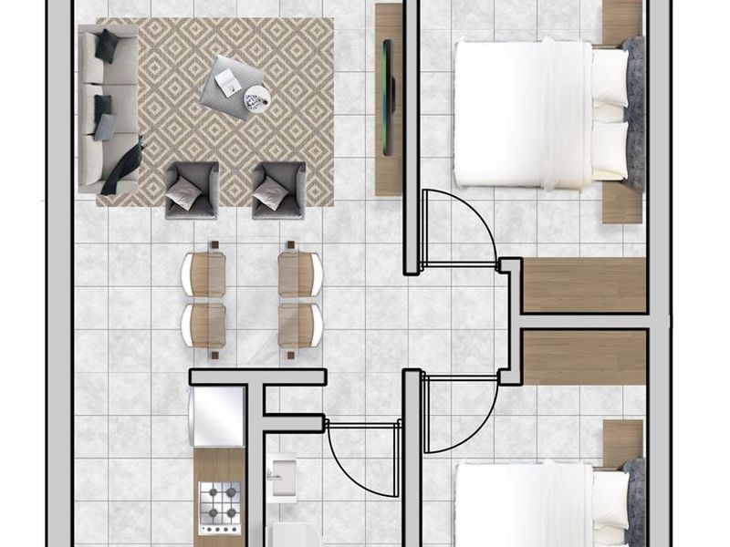 A clear architectural floor plan showing a two-bedroom apartment layout with an open-plan living area, kitchen, bathroom, and balcony.