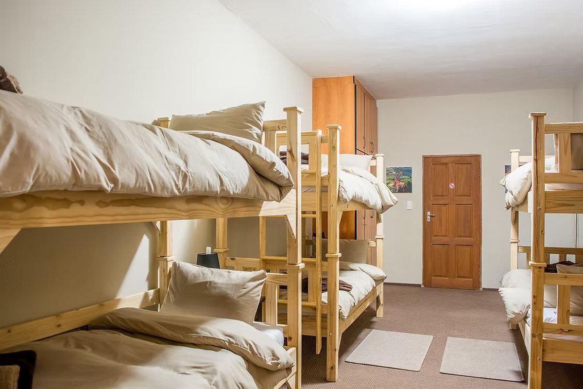 A functional dormitory-style bedroom featuring built-in wooden cabinetry and carpeted flooring, designed for guest house accommodation.