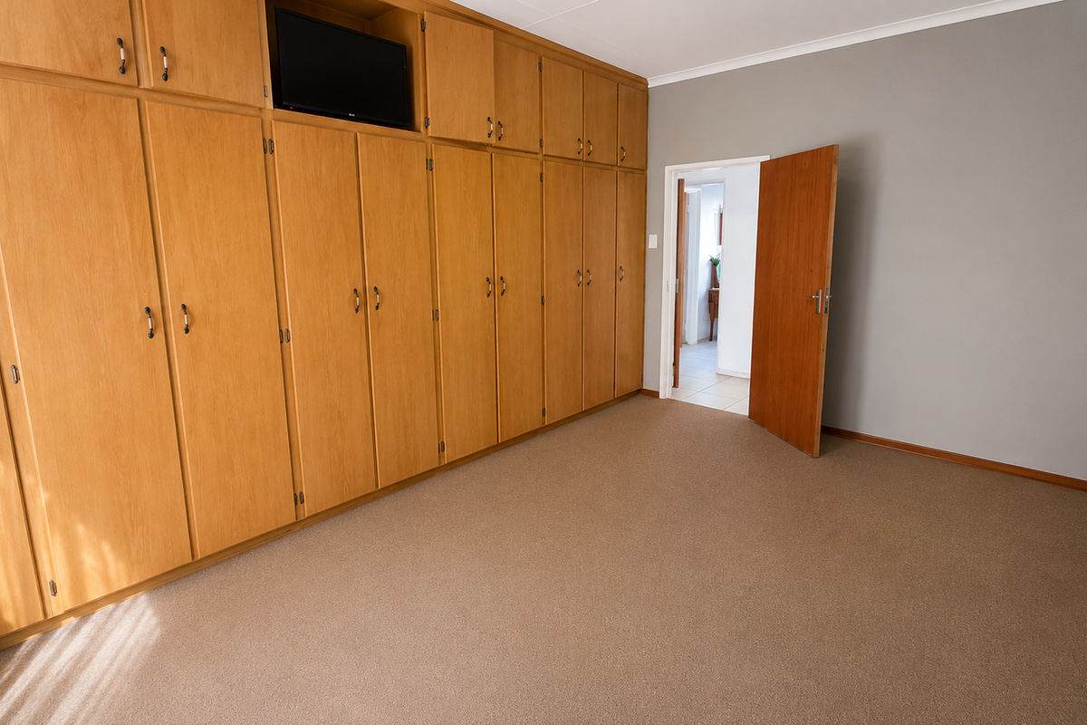 A spacious bedroom featuring extensive wall-to-wall built-in wooden cupboards and neutral carpeting, offering a clean and functional living space.