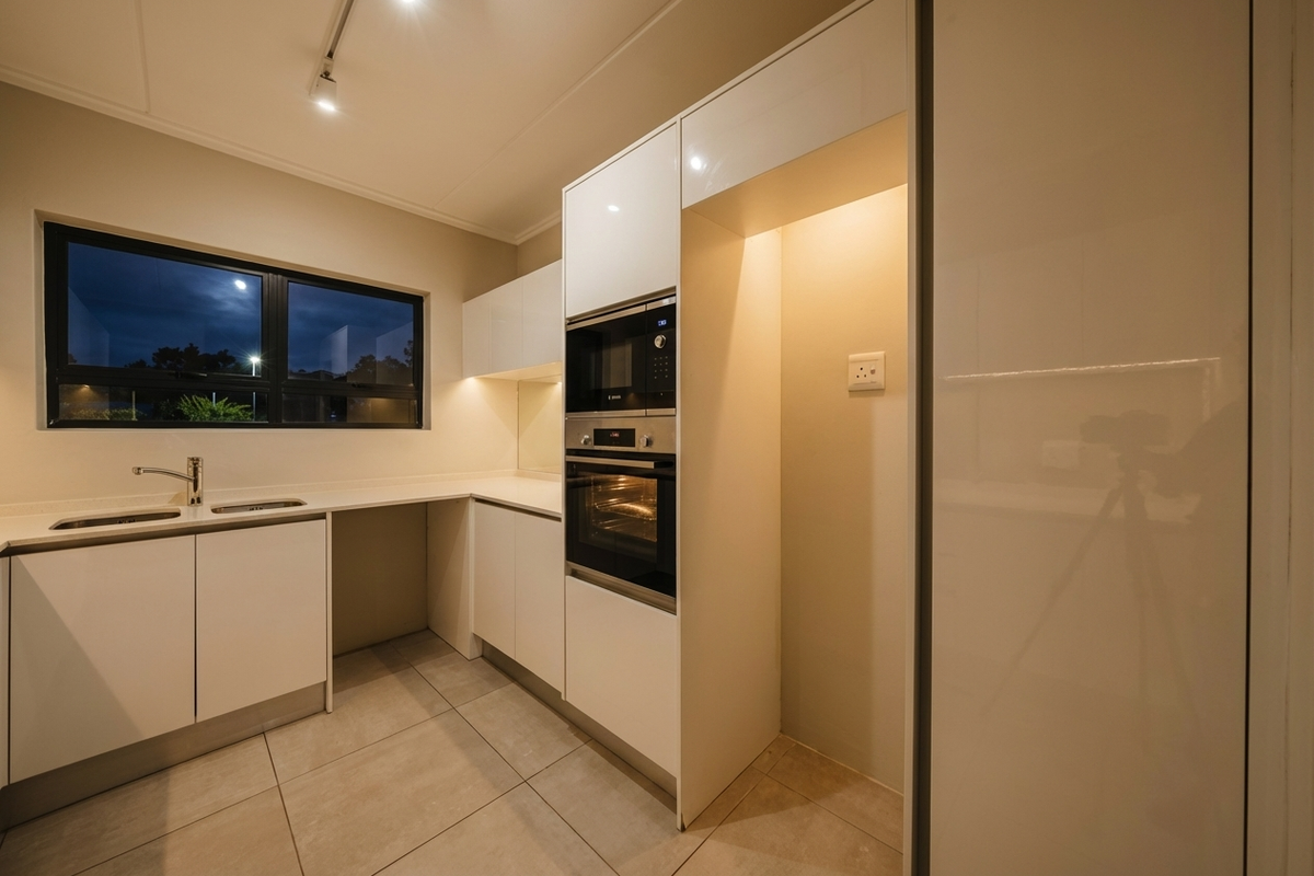 Modern kitchen featuring high-gloss white cabinetry, stone countertops, integrated oven and microwave, double sink, and sleek tiled flooring.