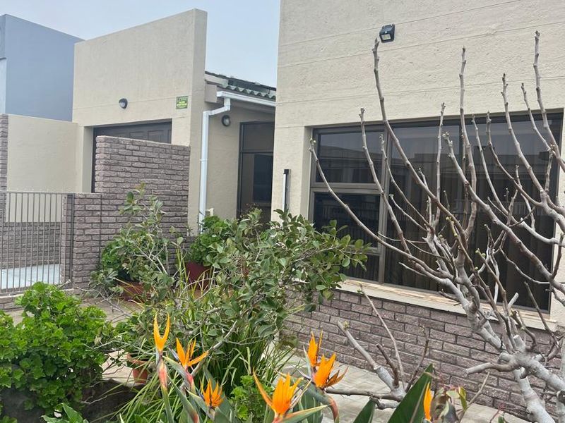 Rear view of the property featuring a paved patio area, brick accents, and aluminium framed windows with established garden landscaping.
