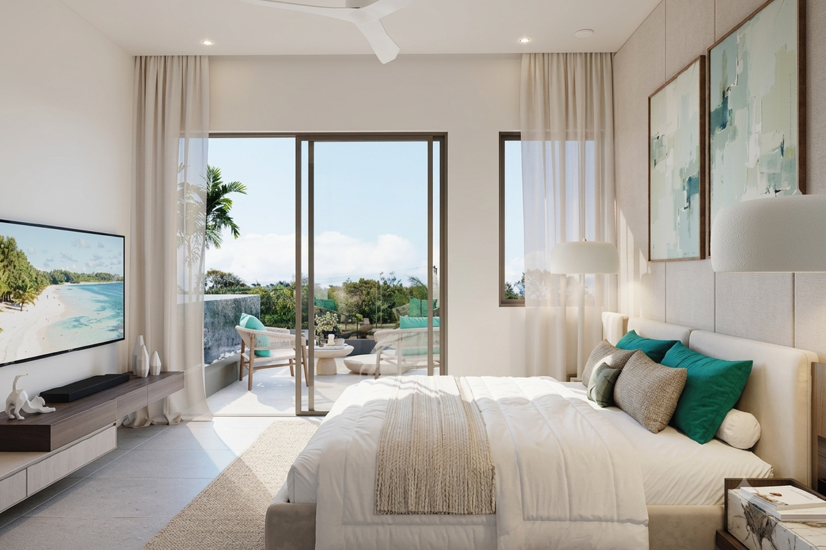 Modern bedroom featuring elegant wall paneling, recessed lighting, a ceiling fan, and large sliding glass doors opening to a private balcony.