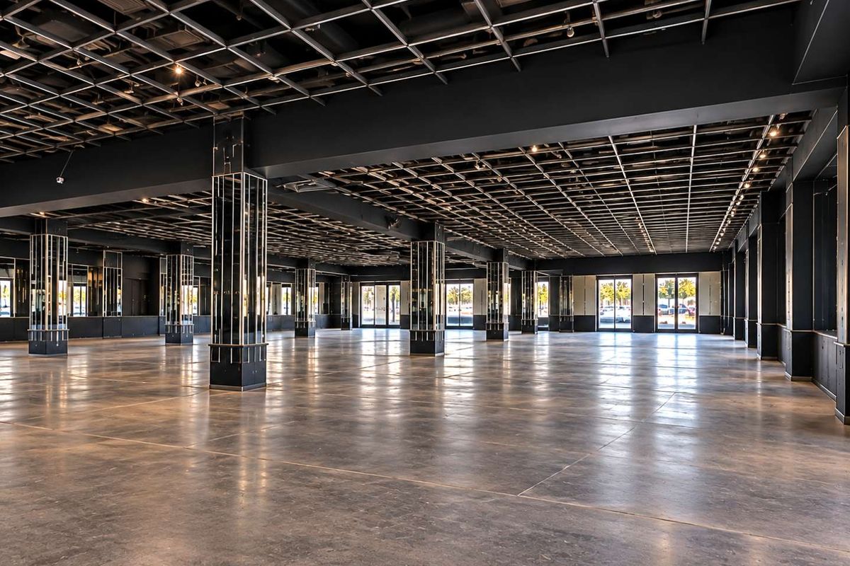 Expansive open-plan commercial space featuring polished concrete floors, mirrored support columns, and a modern exposed grid ceiling with integrated lighting.