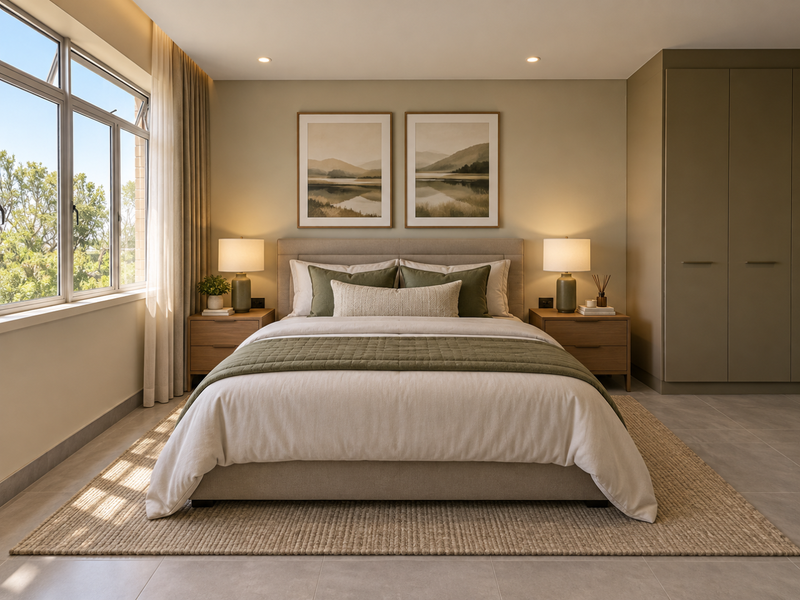 A well-appointed bedroom featuring neutral tones, built-in wardrobes, recessed lighting, and large windows that provide ample natural light.