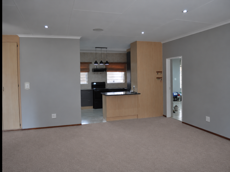 Spacious open-plan living area featuring neutral grey walls, carpeted flooring, and a functional kitchen with built-in cabinetry and a breakfast island.