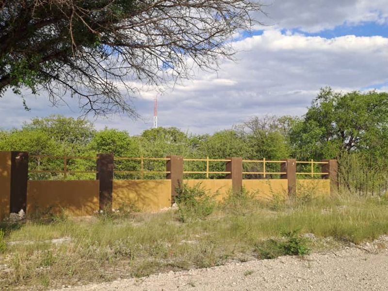 A view of the property boundary featuring a solid wall with integrated metal fencing, surrounded by natural bushveld vegetation.