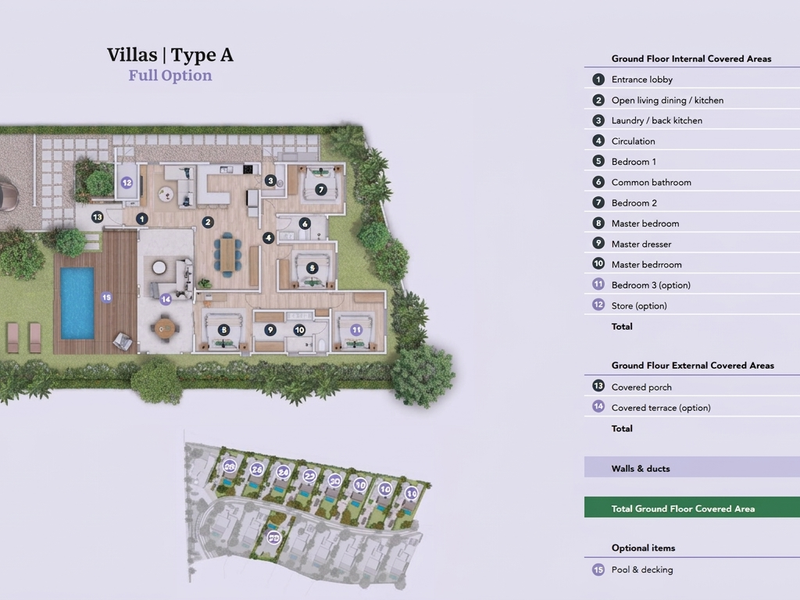 Architectural floor plan for a Type A villa, detailing internal and external covered areas, including pool and terrace layout.