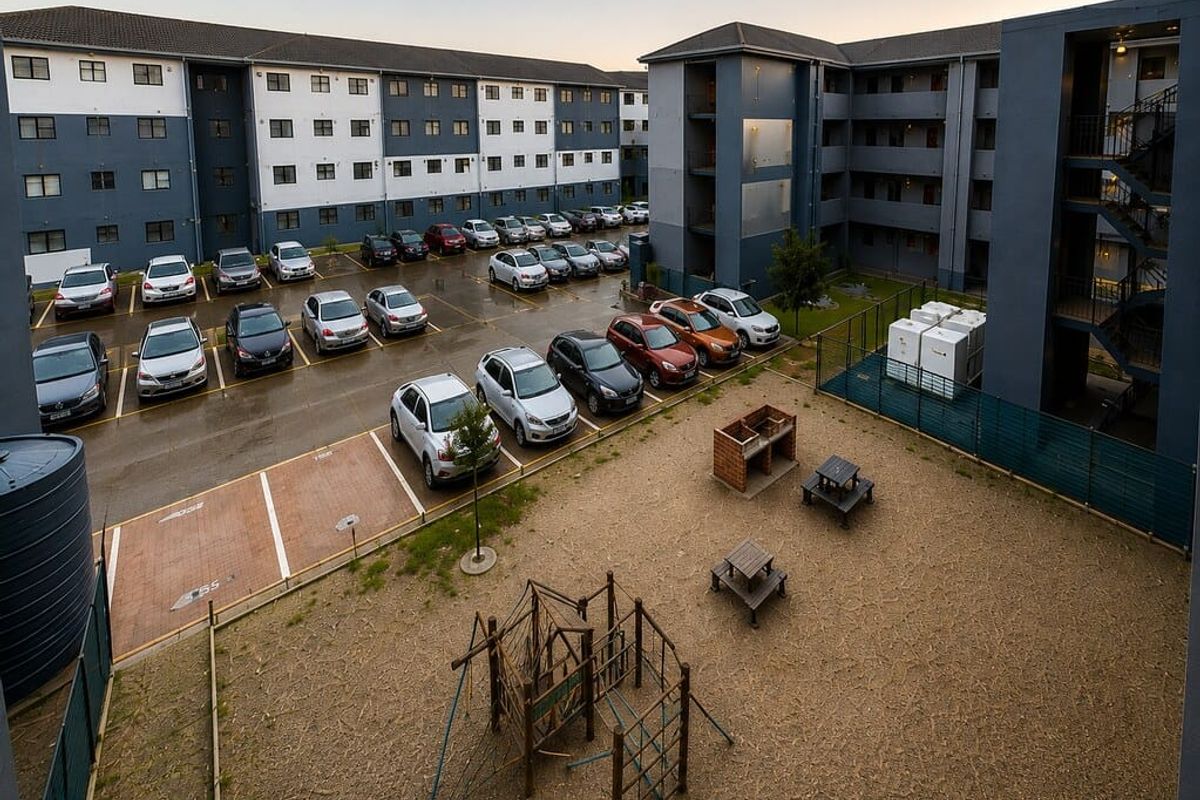 Aerial view of the apartment complex featuring a communal courtyard with a playground, built-in braai area, and designated paved parking bays.