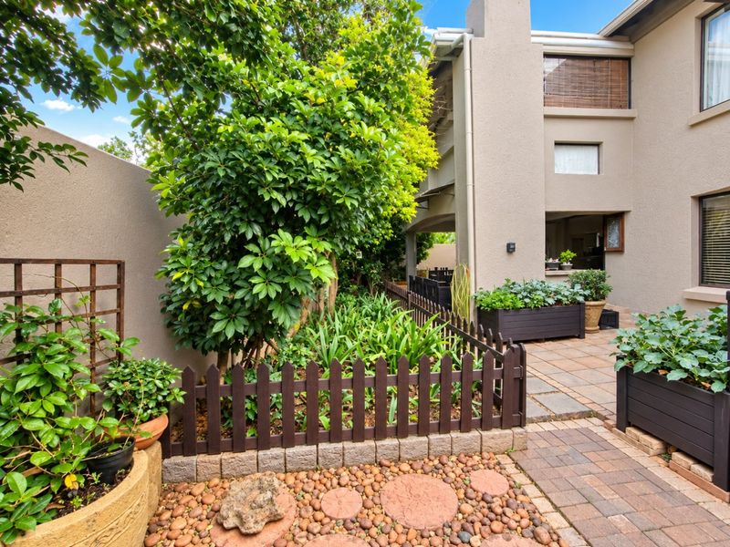 A well-maintained rear courtyard featuring paved pathways, established garden beds with timber fencing, and a private patio area adjacent to the townhouse structure.