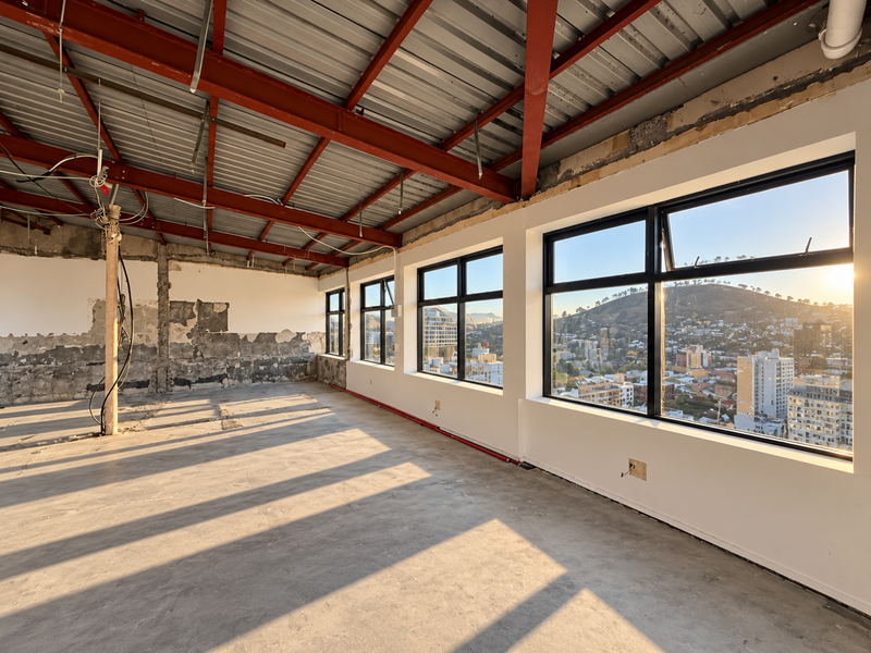 An expansive, unfinished open-plan penthouse space featuring exposed industrial steel trusses, concrete floors, and large windows offering panoramic city and mountain views.