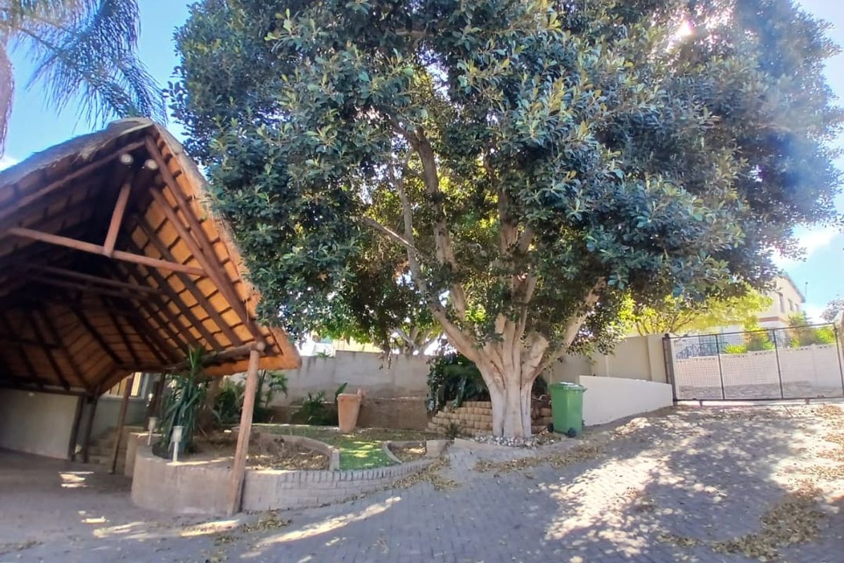 A spacious outdoor area featuring a large mature tree, a thatched roof gazebo, and paved driveway leading to a secure gated entrance.