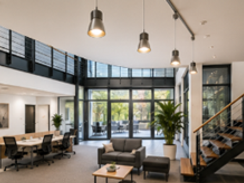 Modern open-plan office space featuring double-height ceilings, exposed structural steel, large glass windows, and a contemporary staircase with metal railings.
