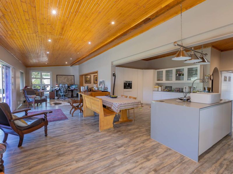 Spacious open-plan living and kitchen area featuring a warm timber-clad ceiling, modern kitchen island with sink, and large sliding doors leading outdoors.