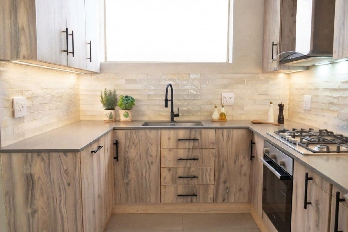 Modern kitchen featuring wood-grain cabinetry, stone countertops, a gas hob, built-in oven, and stylish tiled backsplash with integrated under-cabinet lighting.