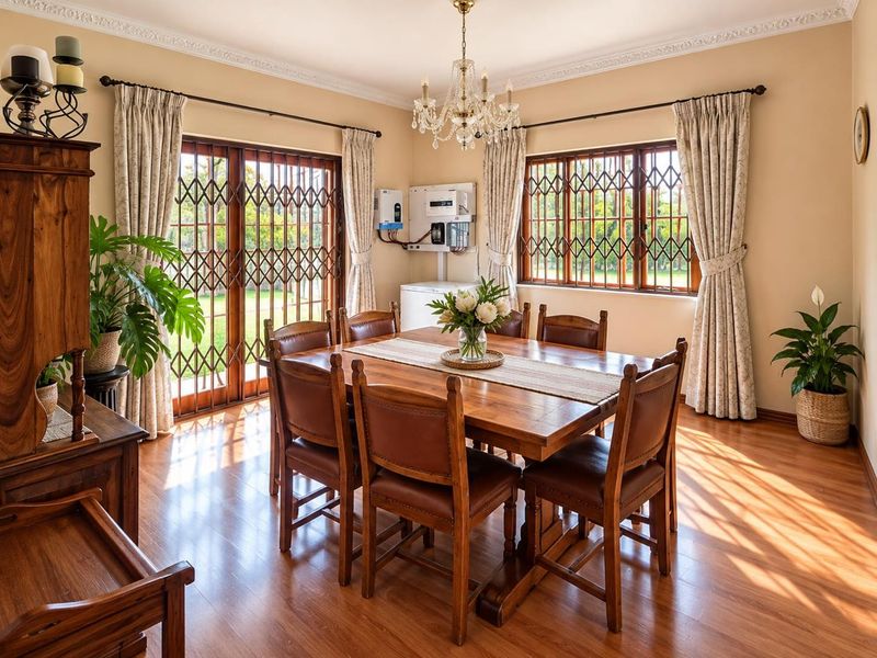 A well-maintained dining room featuring laminate flooring, crown molding, a crystal chandelier, and secure timber-framed windows with integrated security gates.