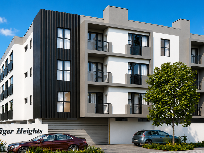 Modern multi-story apartment building exterior featuring contemporary facade design, private balconies with metal railings, and secure perimeter walling.