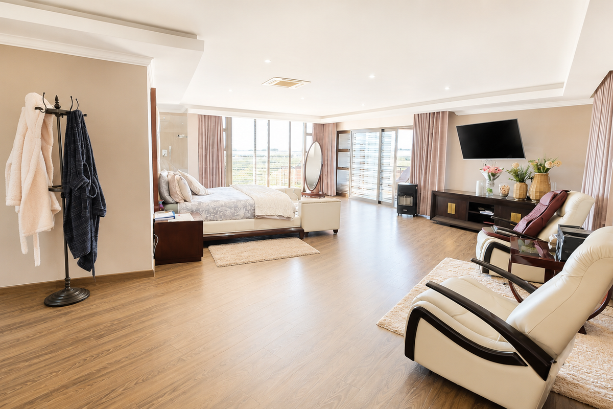 Spacious master bedroom featuring wood-look flooring, recessed ceiling lighting, and large windows providing ample natural light and scenic views.