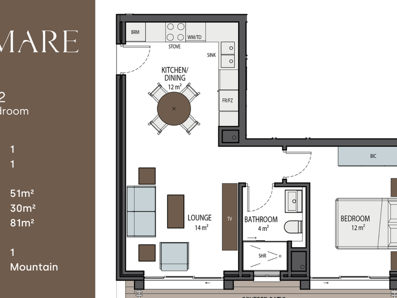 A detailed floor plan for a one-bedroom apartment unit, showcasing the layout of the kitchen, lounge, bathroom, bedroom, and covered patio.