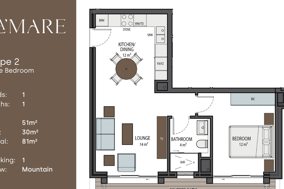 A detailed floor plan for a one-bedroom apartment unit, showcasing the layout of the kitchen, lounge, bathroom, bedroom, and covered patio.