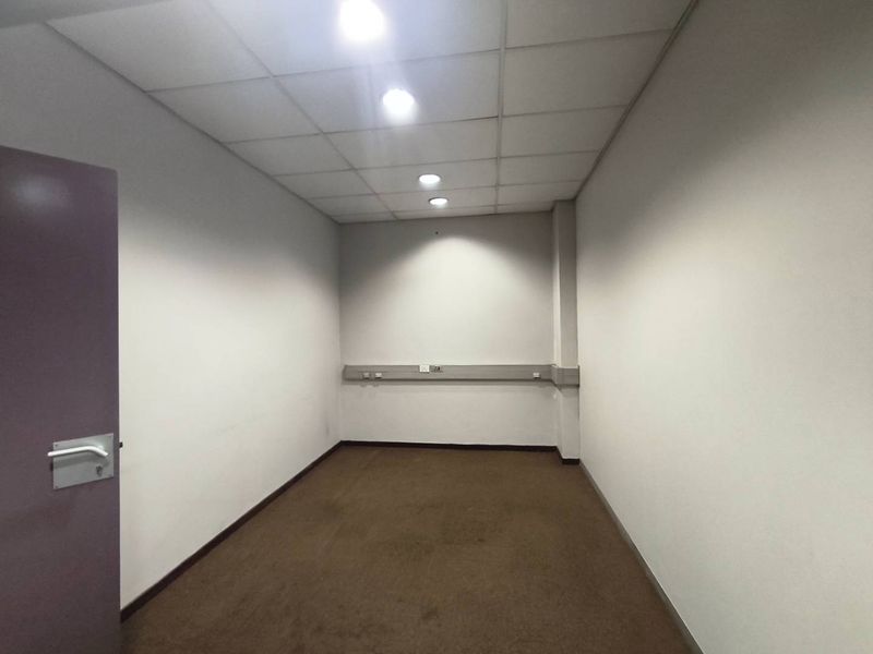 A clean, empty office space featuring a suspended ceiling with recessed lighting, carpeted flooring, and wall-mounted electrical trunking for connectivity.