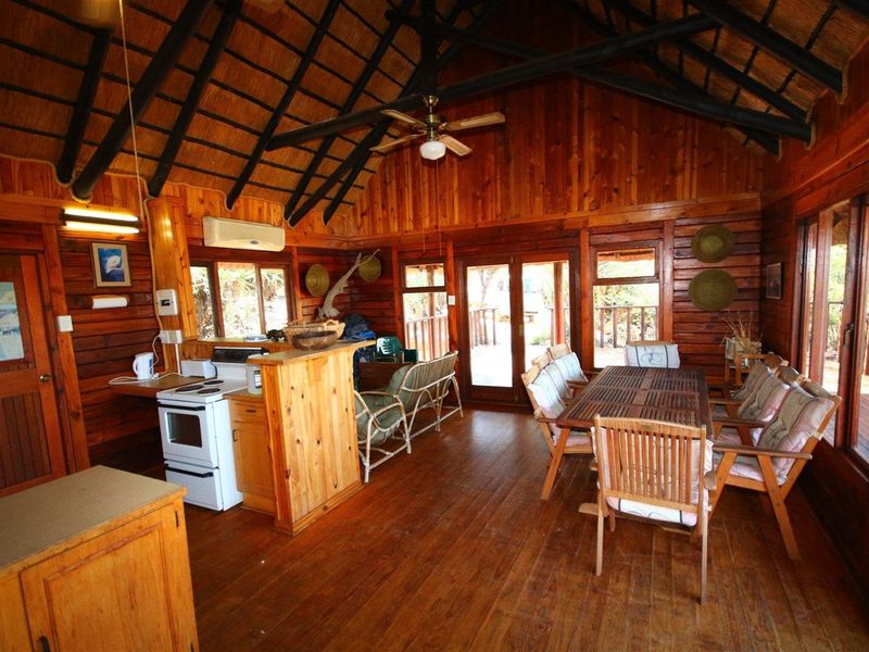 Open-plan living and kitchen area featuring rustic timber walls, exposed thatched roof rafters, timber flooring, and direct access to an outdoor patio.