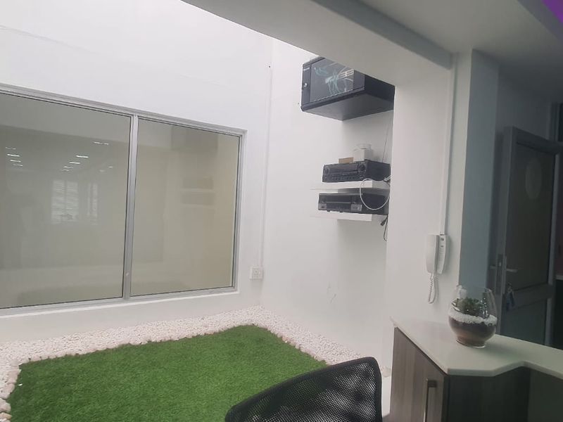 An indoor atrium or light well featuring artificial turf, a pebble border, and a large sliding window, providing natural light to the interior space.