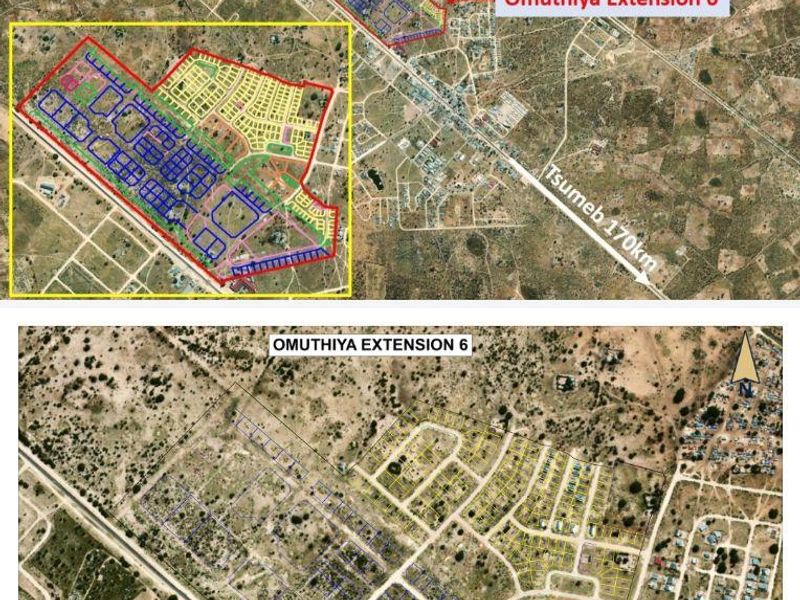Aerial view and zoning map of Omuthiya Extension 6, illustrating the layout of residential land parcels and surrounding infrastructure.
