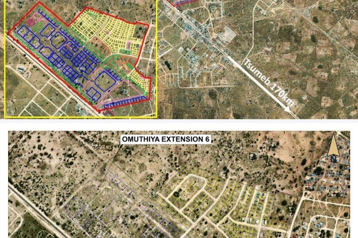 Aerial view and zoning map of Omuthiya Extension 6, illustrating the layout of residential land parcels and surrounding infrastructure.