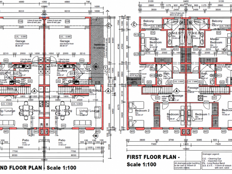 Architectural floor plan showing the ground and first floor layouts for a townhouse development, including room dimensions and structural specifications.