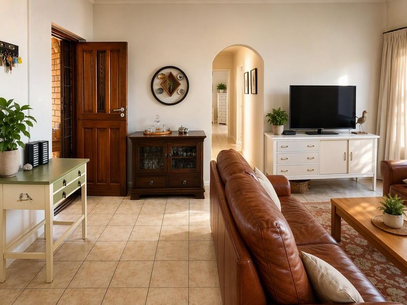 A well-maintained living room featuring neutral tiled flooring, an arched entryway, and a classic timber door leading to the exterior.