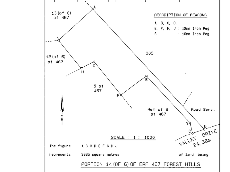 Official sub-divisional diagram for Portion 14 of Erf 467 Forest Hills, detailing property boundaries, beacon descriptions, and survey coordinates.