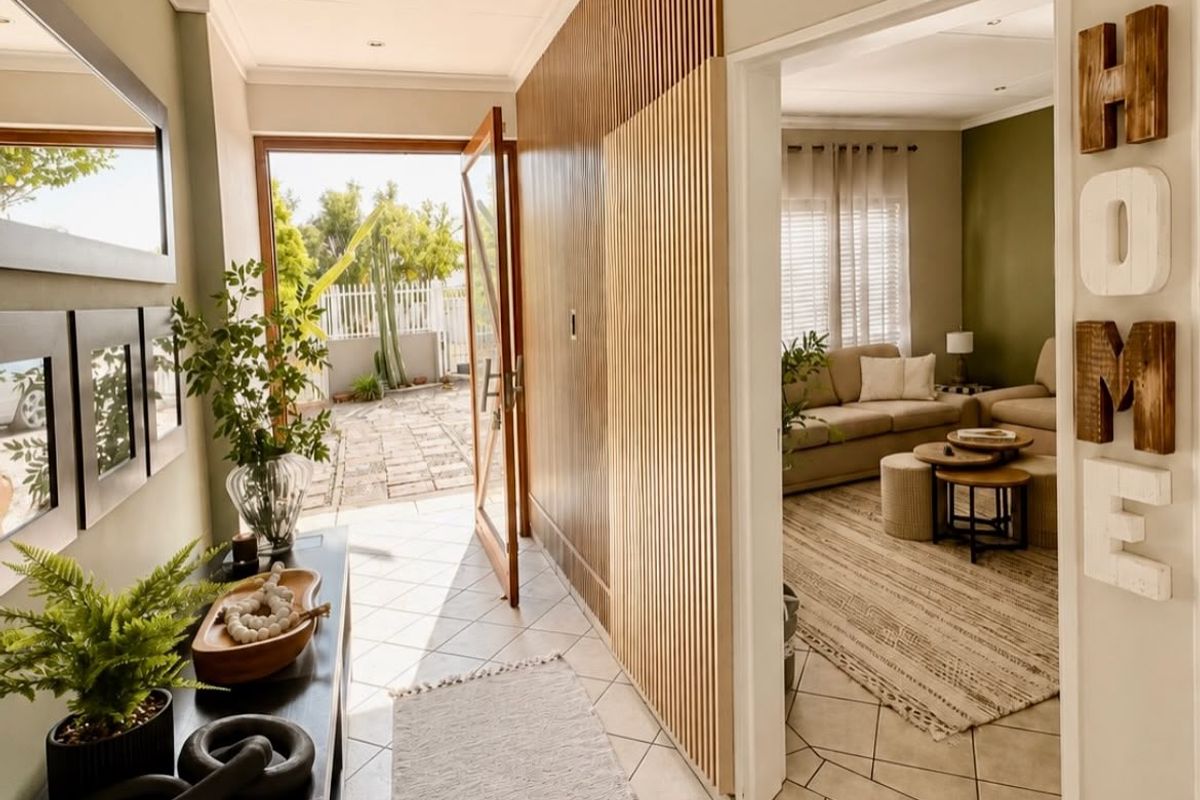 Welcoming entrance hall featuring modern tiled flooring and a stylish timber slat feature wall, providing a seamless transition into the adjacent living area.