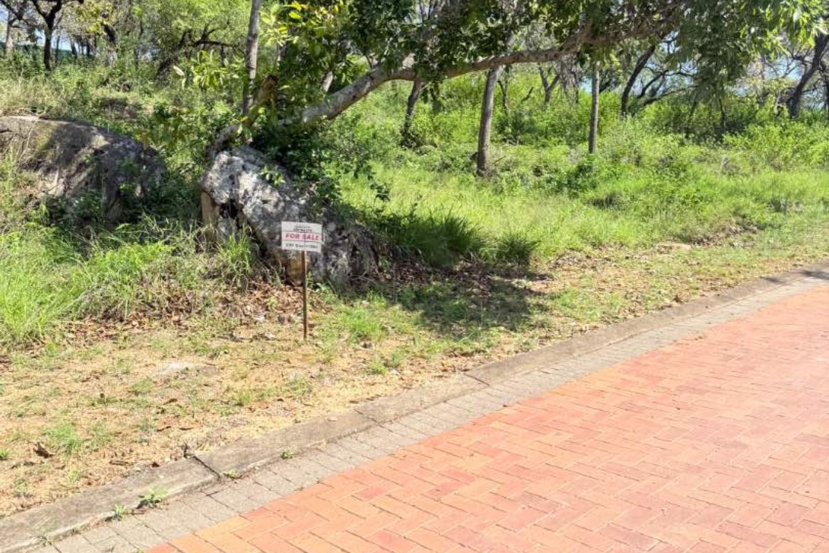 A view of a vacant residential plot featuring mature trees, natural rock formations, and an existing paved driveway.