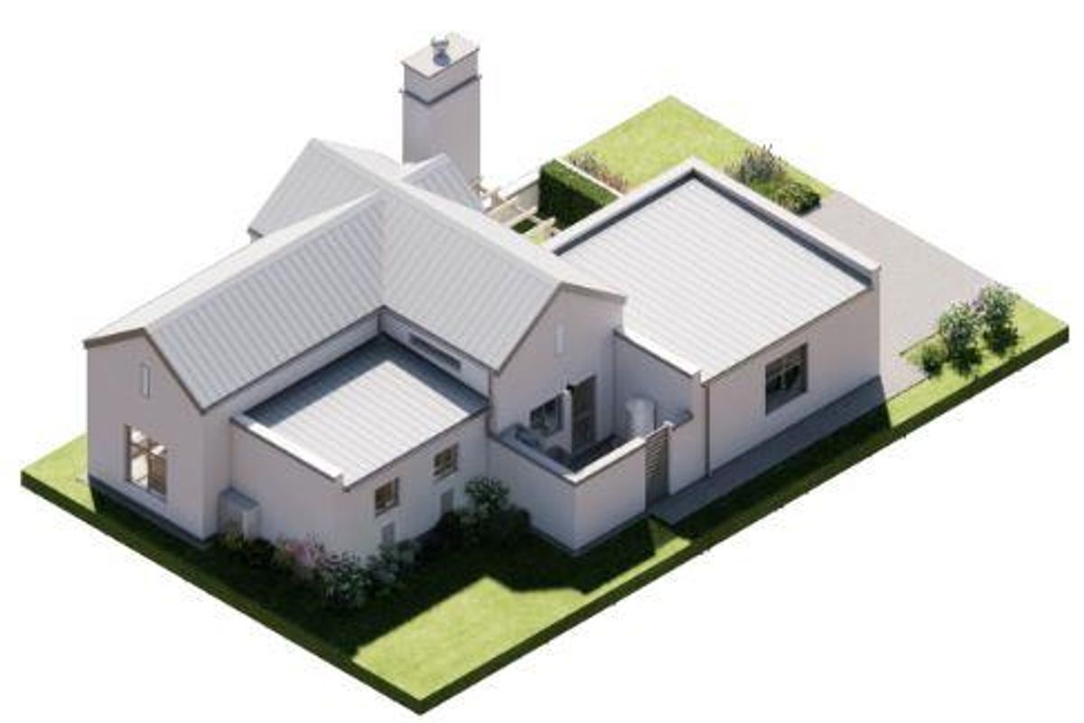 An aerial 3D architectural render showing the property layout, roof structure, and surrounding garden area.