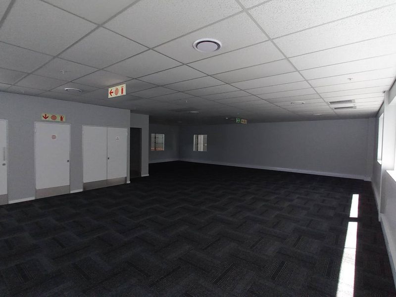 Spacious open-plan industrial office area featuring a suspended ceiling, recessed lighting, and durable carpet tiles, providing a clean and versatile workspace.