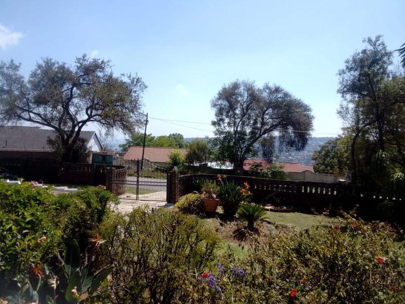 A view of the front garden featuring a brick boundary wall, metal driveway gate, and established landscaping with mature trees.