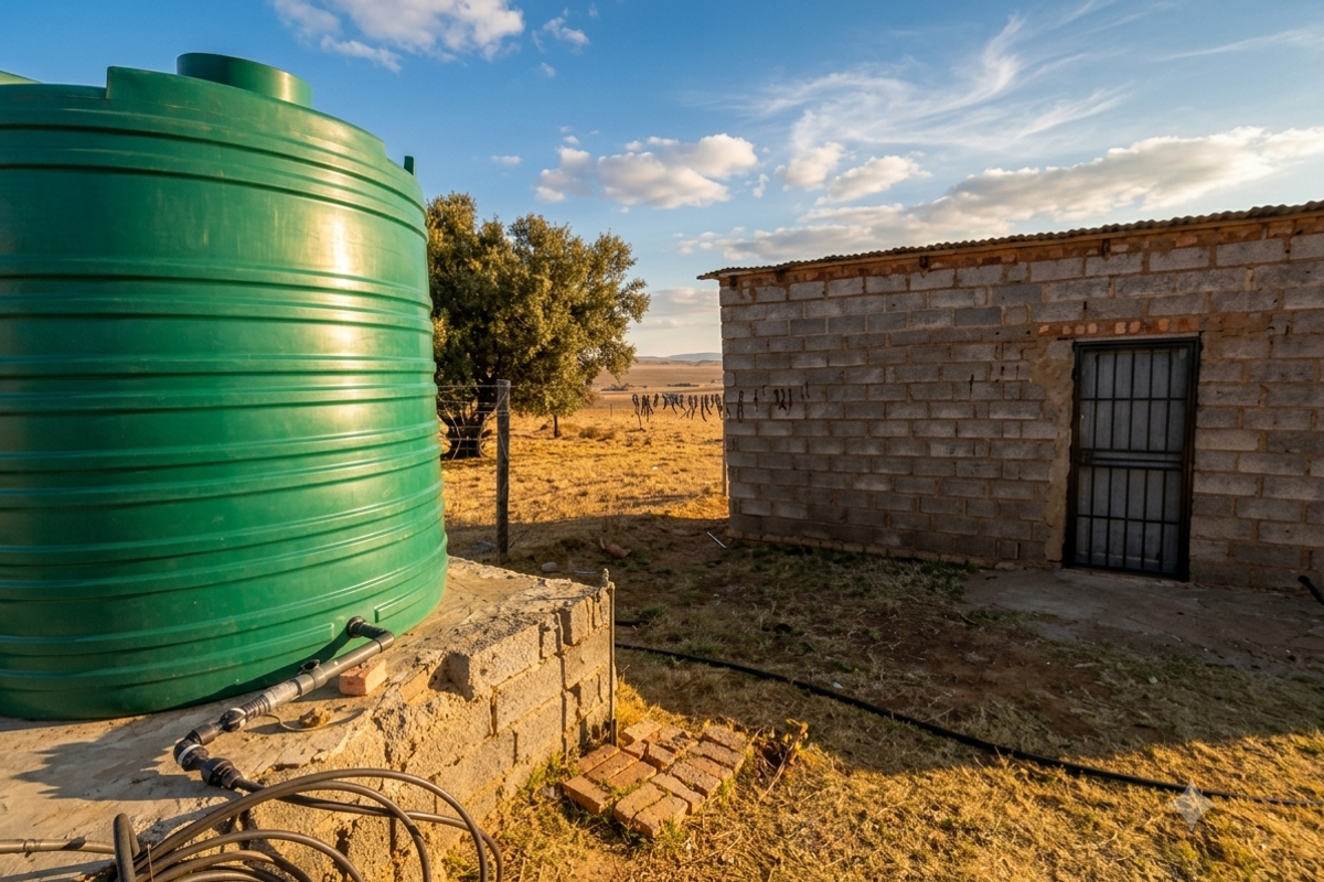 Exterior view of a farm utility area featuring a large green water storage tank on a concrete base next to a cinder block outbuilding.
