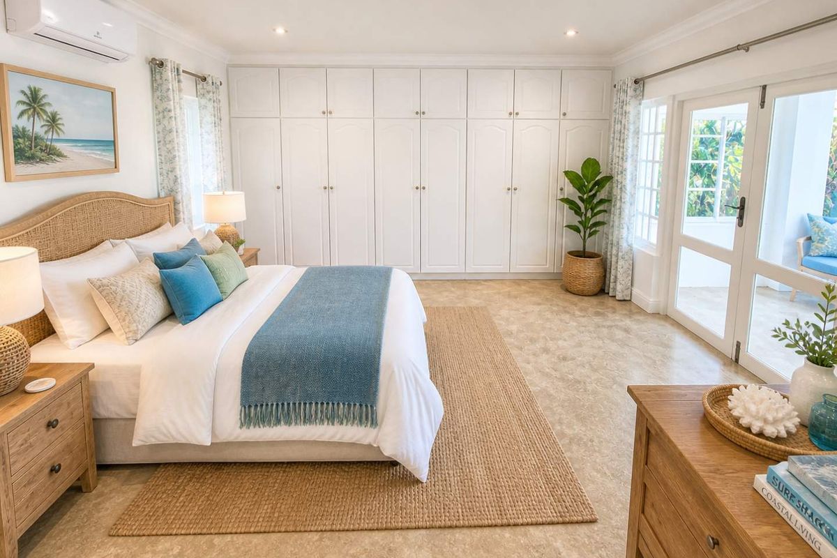 A bright and airy bedroom featuring extensive built-in floor-to-ceiling cabinetry, tiled flooring, and direct access to an outdoor patio area.